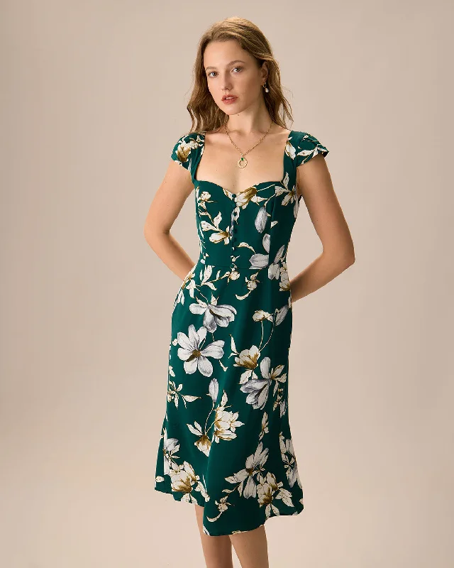 Midi dresses with tiered skirts for a bohemian festival lookThe Green Sweetheart Neck Cap Sleeve Floral Midi Dress Midi dresses with tiered skirts for a bohemian festival lookThe Green Sweetheart Neck Cap Sleeve Floral Midi Dress