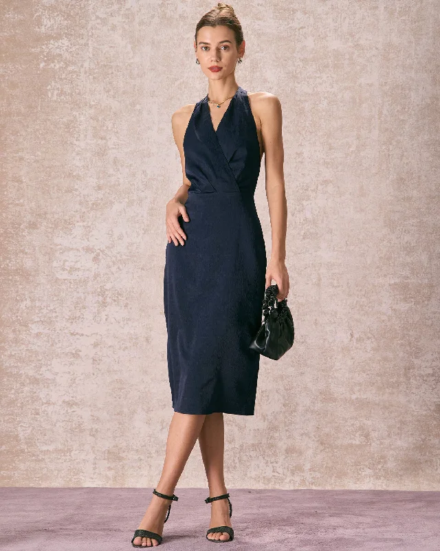 Midi dresses with denim fabric for a casual yet stylish day outThe Navy Halter Ruched Wrap Satin Midi Dress Midi dresses with denim fabric for a casual yet stylish day outThe Navy Halter Ruched Wrap Satin Midi Dress