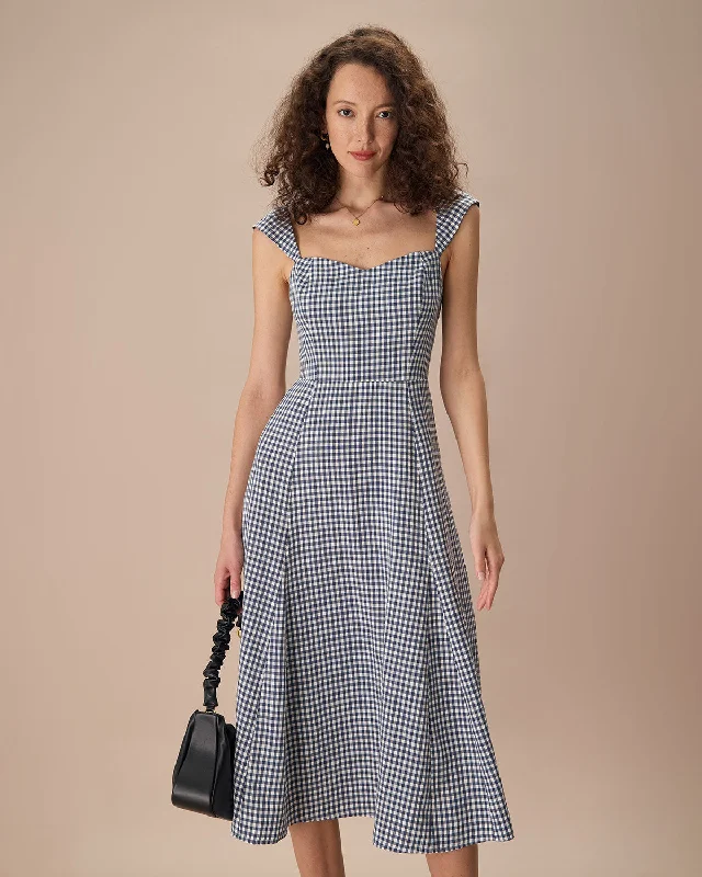 Midi dresses with metallic threads for a glamorous evening eventThe Navy Plaid Shirred Back Midi Dress Midi dresses with metallic threads for a glamorous evening eventThe Navy Plaid Shirred Back Midi Dress