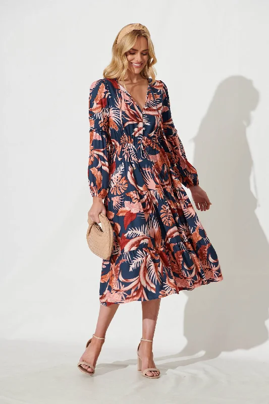 Midi dresses with asymmetric hems for a fashion - forward and dynamic appearanceTi Amo Midi Dress In Navy With Rust Floral Print Midi dresses with asymmetric hems for a fashion - forward and dynamic appearanceTi Amo Midi Dress In Navy With Rust Floral Print