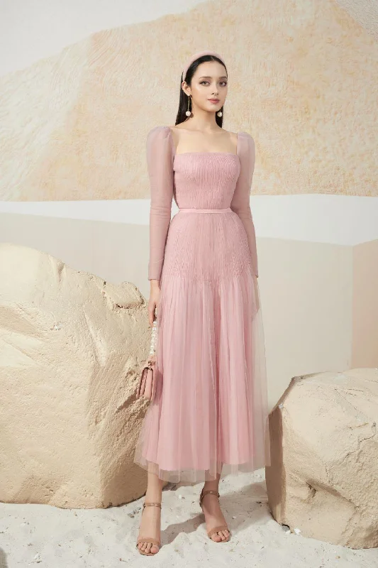 Midi dresses with pleated skirts for a timeless and elegant appealTyler A-line Square Neck Mesh Sheer Midi Dress Midi dresses with pleated skirts for a timeless and elegant appealTyler A-line Square Neck Mesh Sheer Midi Dress
