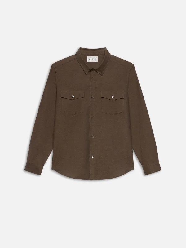 Men's Denim Trucker Jacket with Patches for a Retro and Edgy AppearanceDouble Pocket Wool Blend Shirt -- Soft Mocha Men's Denim Trucker Jacket with Patches for a Retro and Edgy AppearanceDouble Pocket Wool Blend Shirt -- Soft Mocha