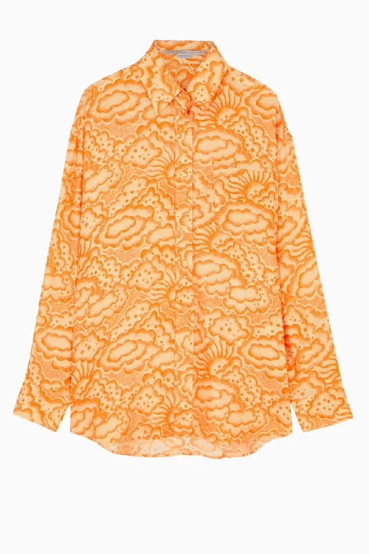 Men's Oversized Distressed Denim Jacket with Ripped Sleeves for a Punk LookStella McCartney Cloud Print Oversized Silk Shirt - Multi Orange