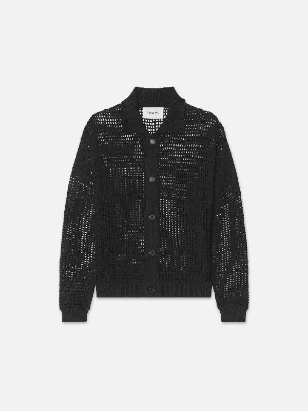 Men's Denim Trucker Jacket with Patches for a Retro and Edgy AppearanceTonal Crochet Sweater -- Black