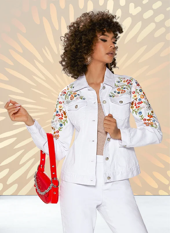 Women's pants for swimming (board shorts style) High - rise flare women jeans for a 70s - inspired look DV Jeans 8487J - White Multi - Embroidery Denim Jacket Women's pants for swimming (board shorts style) High - rise flare women jeans for a 70s - inspired look DV Jeans 8487J - White Multi - Embroidery Denim Jacket