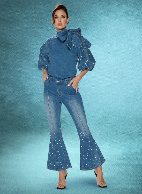 Women's eco - friendly organic pants Mom jeans for a nostalgic and casual look DV Jeans 8490 - Blue - 2 Piece Premium Quality Stretch Denim Trimmed With Pearls & Rhinestones Women's eco - friendly organic pants Mom jeans for a nostalgic and casual look DV Jeans 8490 - Blue - 2 Piece Premium Quality Stretch Denim Trimmed With Pearls & Rhinestones