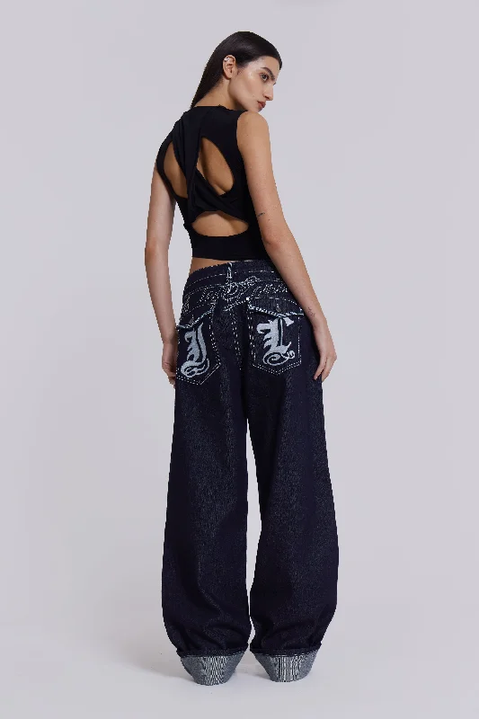 Women's high - waisted yoga pants Skinny women jeans with a form - fitting design Sonic Embroidered Baggy Jeans In Indigo Women's high - waisted yoga pants Skinny women jeans with a form - fitting design Sonic Embroidered Baggy Jeans In Indigo