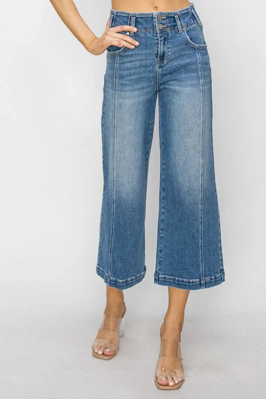 Women's hand - made artisanal pants Acid - wash women jeans with a retro finish High Rise Front Seam Crop Wide Leg Women's hand - made artisanal pants Acid - wash women jeans with a retro finish High Rise Front Seam Crop Wide Leg