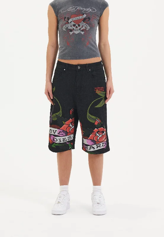 Women's paisley bohemian pants Embroidered women jeans with intricate patterns Womens Cherry Love Bomb Relaxed Denim Jorts Shorts - Black Women's paisley bohemian pants Embroidered women jeans with intricate patterns Womens Cherry Love Bomb Relaxed Denim Jorts Shorts - Black