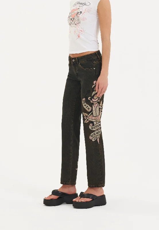 Women's pants with stretch panels Light - wash women jeans for a fresh and summery appearance Womens Death & Dishonour Straight Denim Trousers Jeans - Black Women's pants with stretch panels Light - wash women jeans for a fresh and summery appearance Womens Death & Dishonour Straight Denim Trousers Jeans - Black