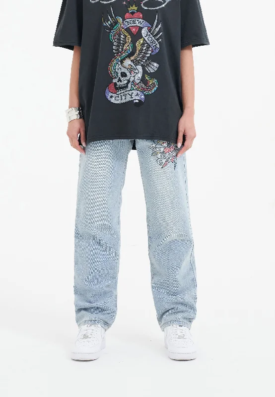 Women's one - piece jumpsuit pants Embroidered women jeans with intricate patterns Womens True Death Diamante Straight Denim Trousers Jeans - Bleach Women's one - piece jumpsuit pants Embroidered women jeans with intricate patterns Womens True Death Diamante Straight Denim Trousers Jeans - Bleach