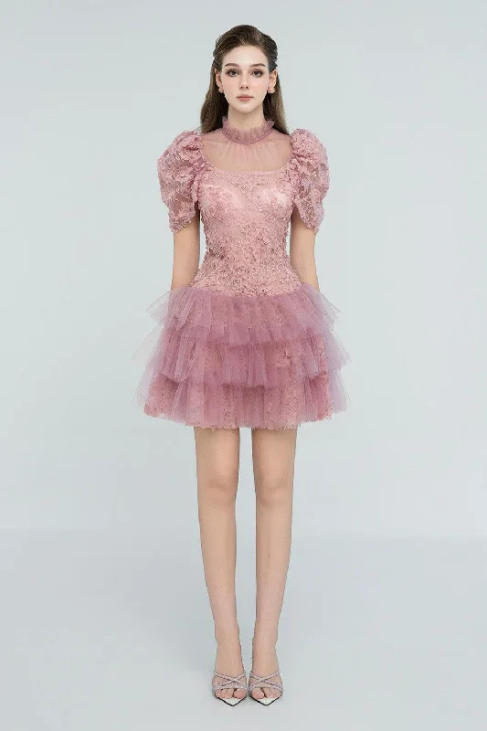 Mini dresses with cut - out details for a trendy lookAnastasia A-line Ruffle Layer Mesh Lace Mini Dress
