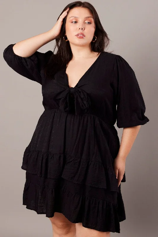 Mini dresses with fringe for a bohemian styleBlack 3/4 Sleeve Tie Frill Mini Dress