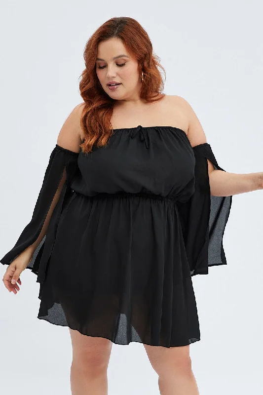 Mini dresses with button - down frontsBlack Mini Dress Off Shoulder Elastic Waist