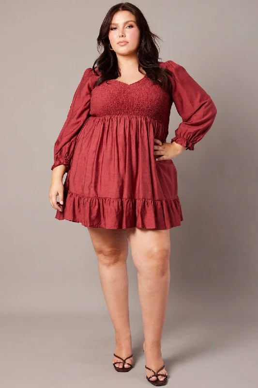 Mini dresses with V - necklines for a flattering shapeBrown V-neck Shirred Long Sleeve Mini Dress Mini dresses with V - necklines for a flattering shapeBrown V-neck Shirred Long Sleeve Mini Dress
