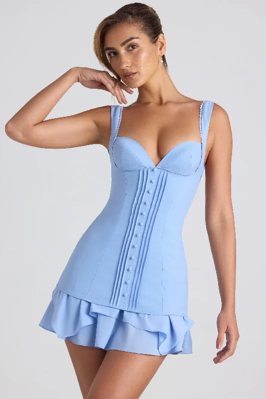 Mini dresses with cold - shoulder designsRuffle-Trim Button-Detail Corset Mini Dress in Sky Blue Mini dresses with cold - shoulder designsRuffle-Trim Button-Detail Corset Mini Dress in Sky Blue