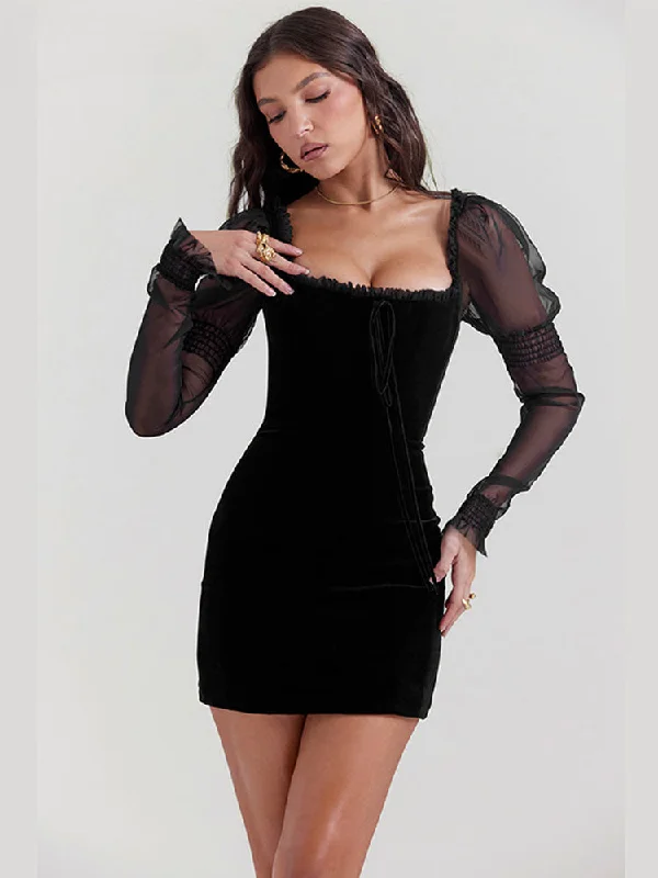 Mini dresses with cut - out details for a trendy lookGothic Wooden Ear Edge Wrap Hip Mesh Long Sleeve Square Neck Ruched Bodycon Mini Dress