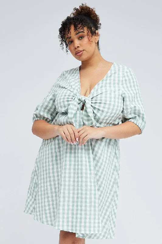 Mini dresses with abstract prints for an artistic lookGreen Check Mini Dress Tie Gingham Puff Sleeve