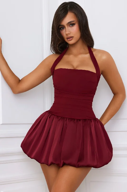 Sequined mini dresses for New Year's EveHalterneck Lace-Up Bubble Hem Corset Micro Mini Dress in Berry Red Sequined mini dresses for New Year's EveHalterneck Lace-Up Bubble Hem Corset Micro Mini Dress in Berry Red