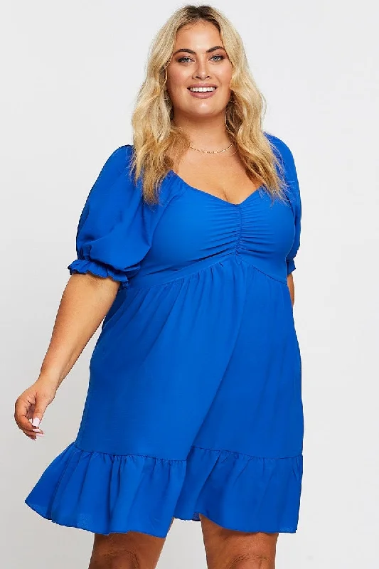 Mini dresses with embroidered details for a unique touchMid Blue Short Puff Sleeve Gather Frill Hem Dress Mini dresses with embroidered details for a unique touchMid Blue Short Puff Sleeve Gather Frill Hem Dress