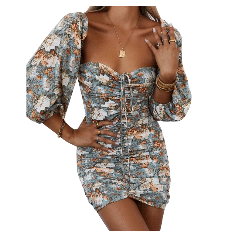 Mini dresses with V - necklines for a flattering shapePrecious Poppies Ruched Bell Sleeve Mini Dress - Blue Mini dresses with V - necklines for a flattering shapePrecious Poppies Ruched Bell Sleeve Mini Dress - Blue