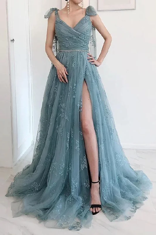 Party dresses with a sheer panel for a hint of allureA-line Bow Tie Straps Party Dress Lace High Split Prom Dress PSK202 Party dresses with a sheer panel for a hint of allureA-line Bow Tie Straps Party Dress Lace High Split Prom Dress PSK202