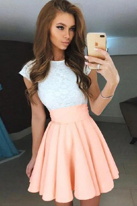 Party dresses with a cut - out design for a daring and edgy styleA-line Cap Sleeves Short Pearl Pink Chiffon Homecoming Dress with Lace PD092 Party dresses with a cut - out design for a daring and edgy styleA-line Cap Sleeves Short Pearl Pink Chiffon Homecoming Dress with Lace PD092