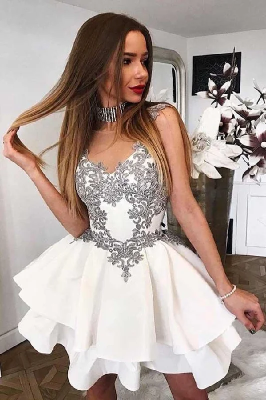 A - line party dresses with a floral print for spring eventsA-Line Crew Short Tiered White Homecoming Dress with Appliques PD071 A - line party dresses with a floral print for spring eventsA-Line Crew Short Tiered White Homecoming Dress with Appliques PD071
