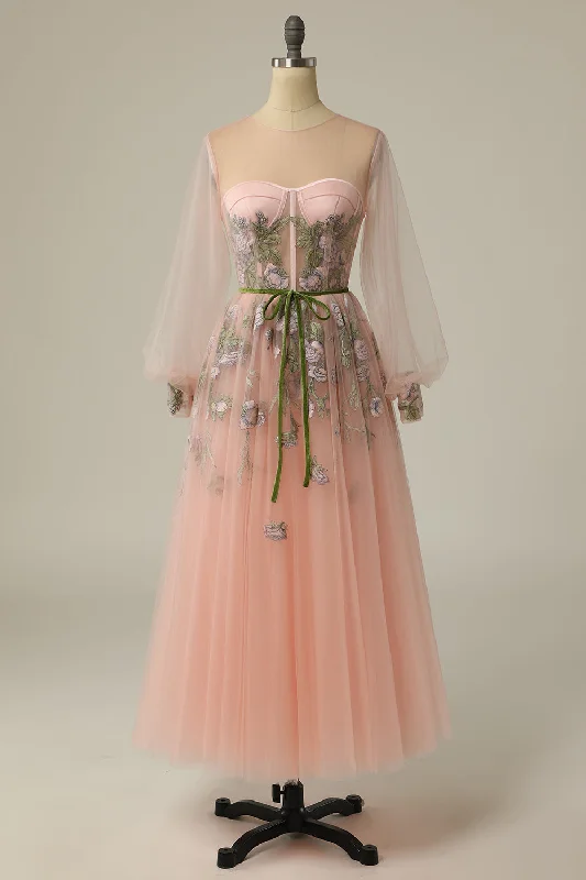 Party dresses with a ruched fabric for a textured and flattering effectA Line Jewel Light Nude Long Prom Dress with Embroidery Party dresses with a ruched fabric for a textured and flattering effectA Line Jewel Light Nude Long Prom Dress with Embroidery