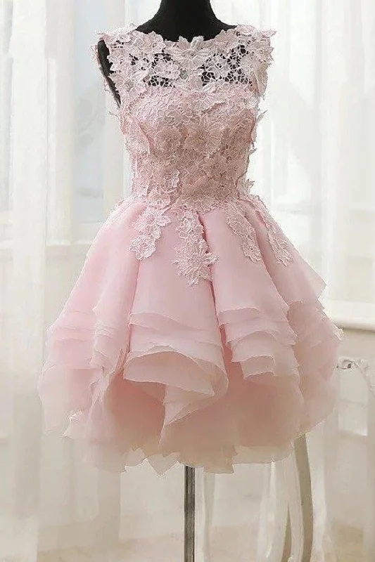 Party dresses with a jacquard pattern for a rich and detailed lookA-line Lace Bateau Neckline Pink Homecoming Dresses With Appliques PD429 Party dresses with a jacquard pattern for a rich and detailed lookA-line Lace Bateau Neckline Pink Homecoming Dresses With Appliques PD429