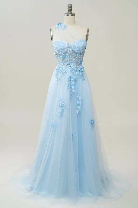 Ruffled cocktail dresses with a knee - length hem for a feminine appealA Line One Shoulder Sky Blue Long Prom Dress with Appliques Ruffled cocktail dresses with a knee - length hem for a feminine appealA Line One Shoulder Sky Blue Long Prom Dress with Appliques