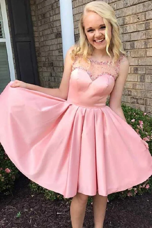 Party dresses with a cut - out design for a daring and edgy styleA-Line Round Neck Pink Satin Homecoming/Party Dress with Beading PD079 Party dresses with a cut - out design for a daring and edgy styleA-Line Round Neck Pink Satin Homecoming/Party Dress with Beading PD079