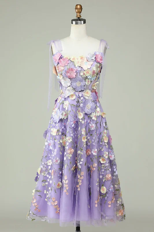 Party dresses with a peplum waist for a feminine and flattering silhouette​A Line Spaghetti Straps Purple Tea Length Prom Dress with 3D Flowers