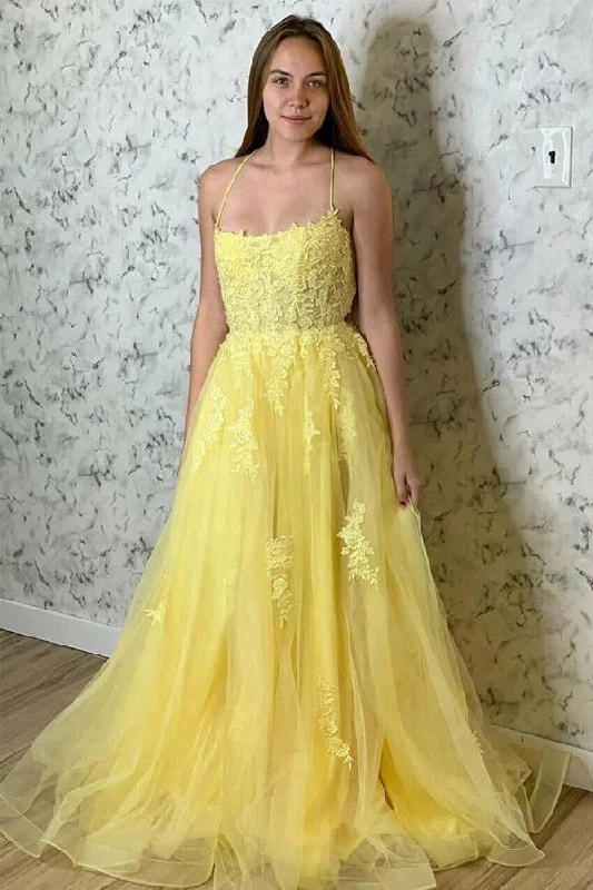 Party dresses with a criss - cross back design for a stylish detailA Line Spaghetti Straps Yellow Split Long Prom Dress With Lace Appliques PSK211 Party dresses with a criss - cross back design for a stylish detailA Line Spaghetti Straps Yellow Split Long Prom Dress With Lace Appliques PSK211