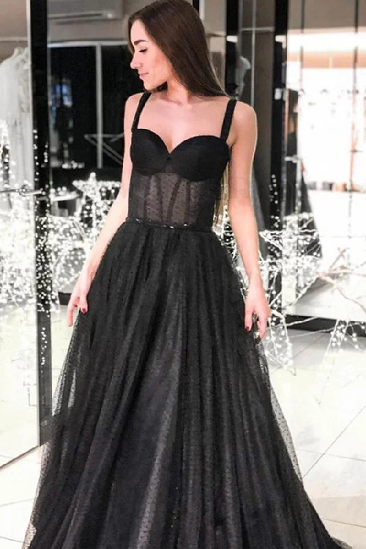 Sleeveless party dresses made of silk for a luxurious feelA Line Sweetheart Straps Black Dot Tulle Prom Dresses with Beading PSK206 Sleeveless party dresses made of silk for a luxurious feelA Line Sweetheart Straps Black Dot Tulle Prom Dresses with Beading PSK206
