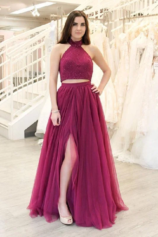 Party dresses with a mermaid silhouette for a figure - hugging fit​A-line Two Piece Fuchsia Prom Dresses Long Split Tulle Evening Dresses  PSK219