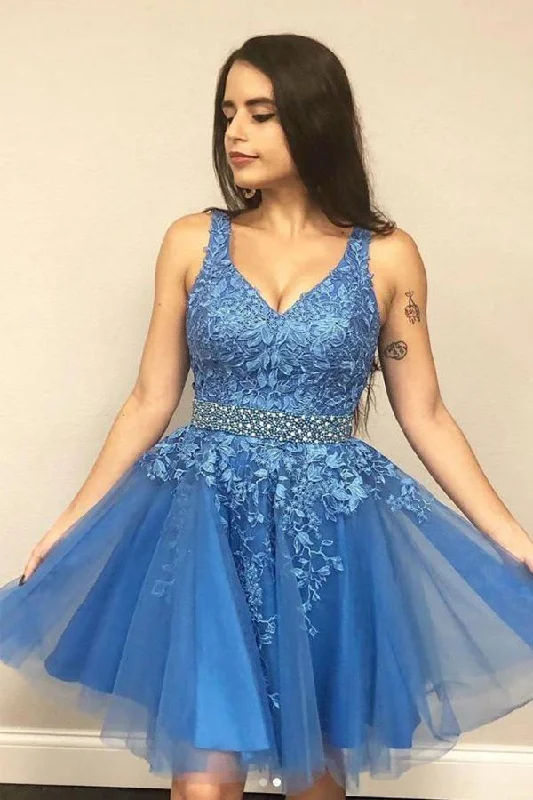 Velvet party dresses in rich jewel tones for a sophisticated appearanceA Line V Neck Blue Short Prom Dress Homecoming Dress with Appliques PD423 Velvet party dresses in rich jewel tones for a sophisticated appearanceA Line V Neck Blue Short Prom Dress Homecoming Dress with Appliques PD423
