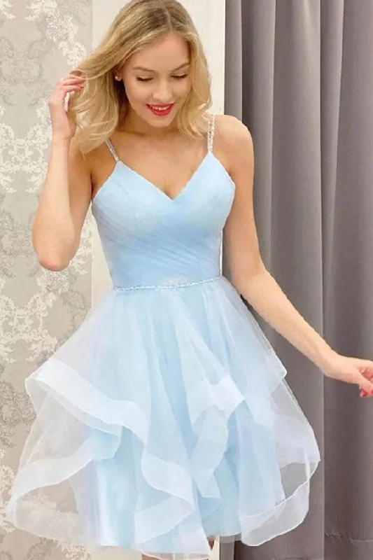 Party dresses with a fringed detail for a fun and dynamic styleA Line V Neck Short Blue Prom Dresses Tulle Homecoming Dresses PD457 Party dresses with a fringed detail for a fun and dynamic styleA Line V Neck Short Blue Prom Dresses Tulle Homecoming Dresses PD457