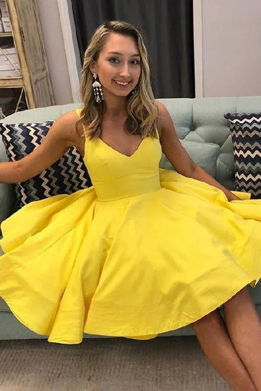 A - line party dresses with a floral print for spring eventsA Line V Neck Short Yellow Prom Dresses Satin Homecoming Dresses PD467 A - line party dresses with a floral print for spring eventsA Line V Neck Short Yellow Prom Dresses Satin Homecoming Dresses PD467