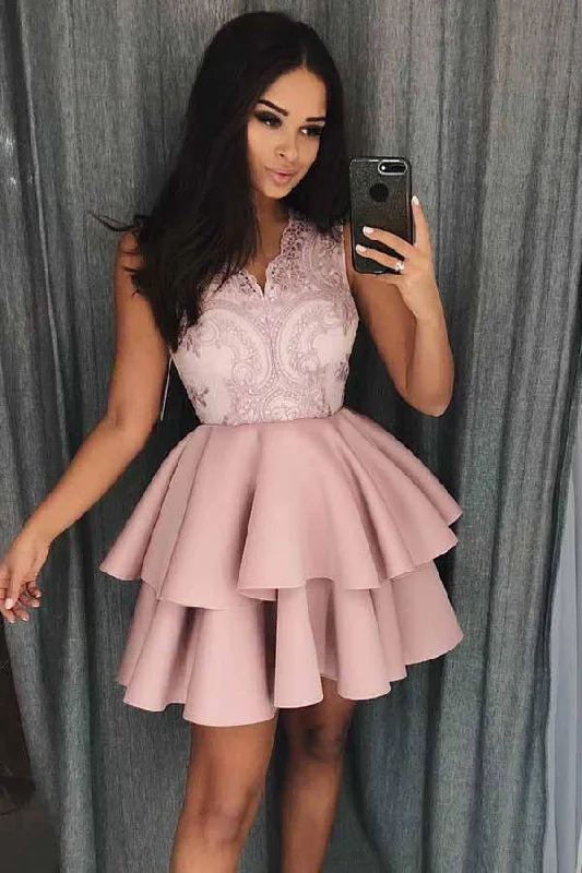 Party dresses with a denim material for a casual yet stylish lookA-Line V-Neck Tiered Satin Homecoming Prom Dress with Appliques PD077 Party dresses with a denim material for a casual yet stylish lookA-Line V-Neck Tiered Satin Homecoming Prom Dress with Appliques PD077