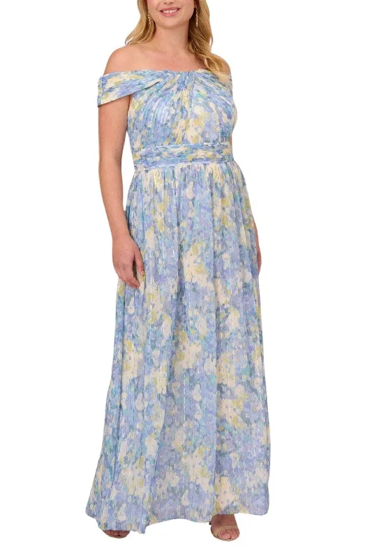 One - shoulder wedding guest dresses with beaded detailsAdrianna Papell AP1E210484 W - Printed Off Shoulder Evening Dress