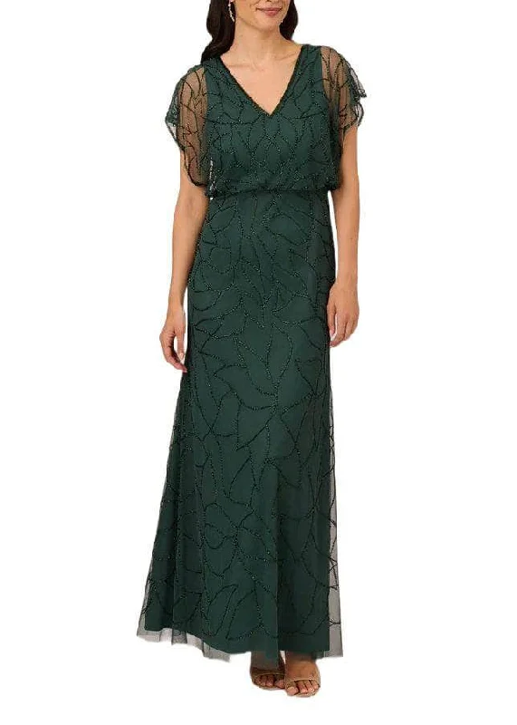 Sleeveless wedding guest dresses with ruffled hemsAdrianna Papell AP1E210622 P - V-Neck Blouson Bodice Evening Dress