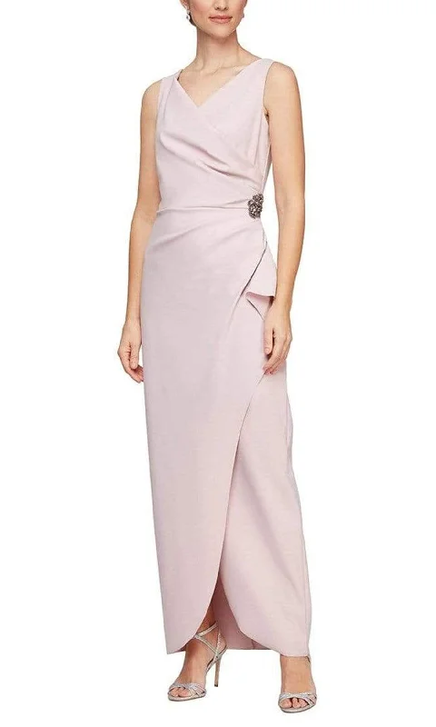 Midi wedding guest dresses in navy blue for a formal affairAlex Evenings - 134200 Sleeveless Surplice Bodice Long Fitted Dress