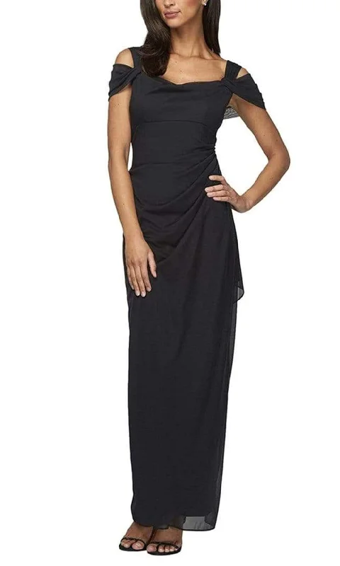 A - line cocktail wedding guest dresses in pastel colorsAlex Evenings - 232156 Cold Shoulder Drape bodice Chiffon Dress