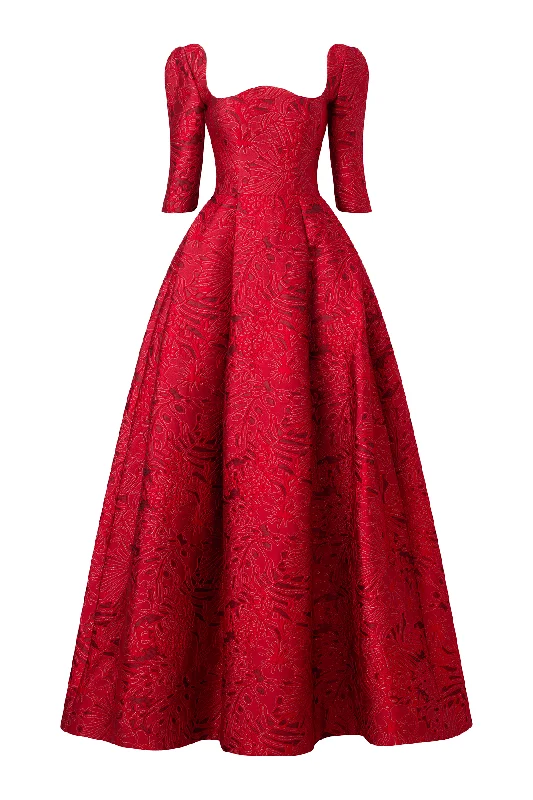 Party dresses with a ruched fabric for a textured and flattering effectAmelia Ball Gown Curved Neck Brocade Maxi Dress Party dresses with a ruched fabric for a textured and flattering effectAmelia Ball Gown Curved Neck Brocade Maxi Dress