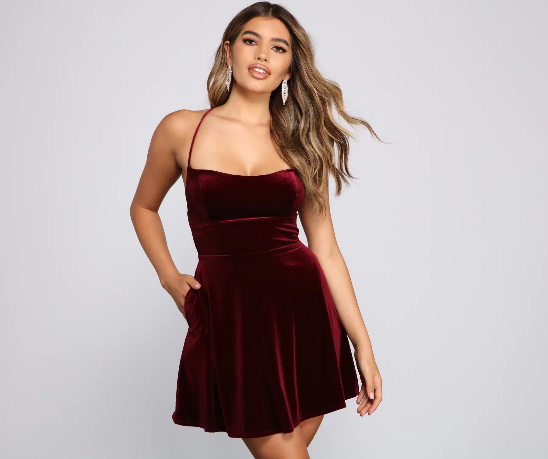 Cocktail dresses with a pom - pom trim and a short - sleeved styleAmelia Lace-Up Back Velvet Skater Dress Cocktail dresses with a pom - pom trim and a short - sleeved styleAmelia Lace-Up Back Velvet Skater Dress