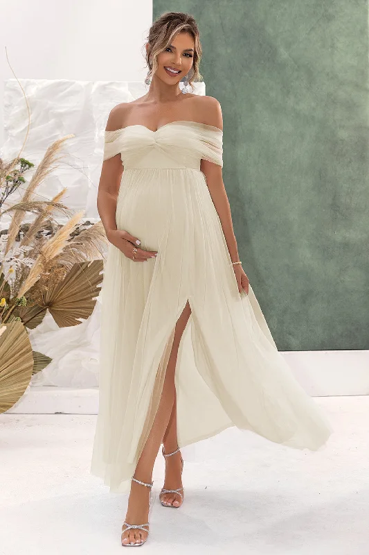 Wedding guest dresses with cold - shoulder ruffled sleeves and knee - length hemsApricot A Line Off the Shoulder Maternity Bridesmaid Dress witn Slit Wedding guest dresses with cold - shoulder ruffled sleeves and knee - length hemsApricot A Line Off the Shoulder Maternity Bridesmaid Dress witn Slit