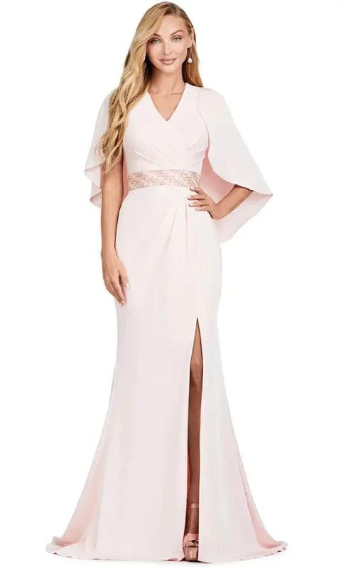 Geometric - printed wedding guest dresses for a modern weddingAshley Lauren 11416 - Cape V Neck Gown