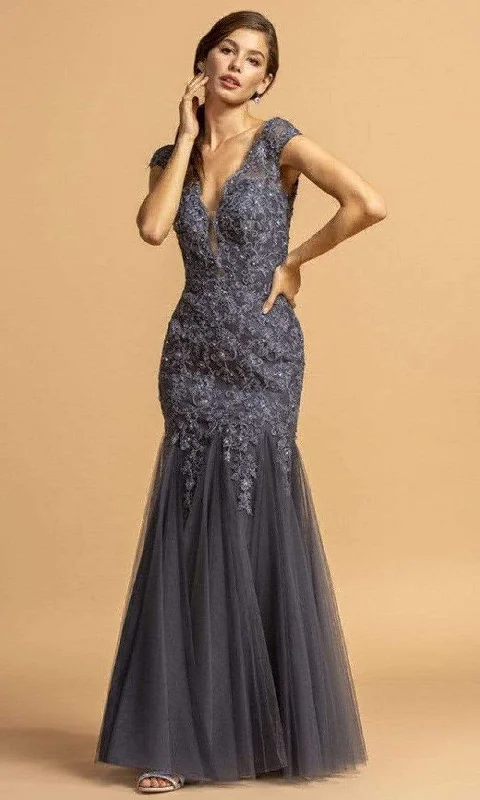 Wedding guest dresses with ruched bodices and spaghetti strapsAspeed Design - L2178 Cap Sleeve Scalloped V-Neck Long Dress