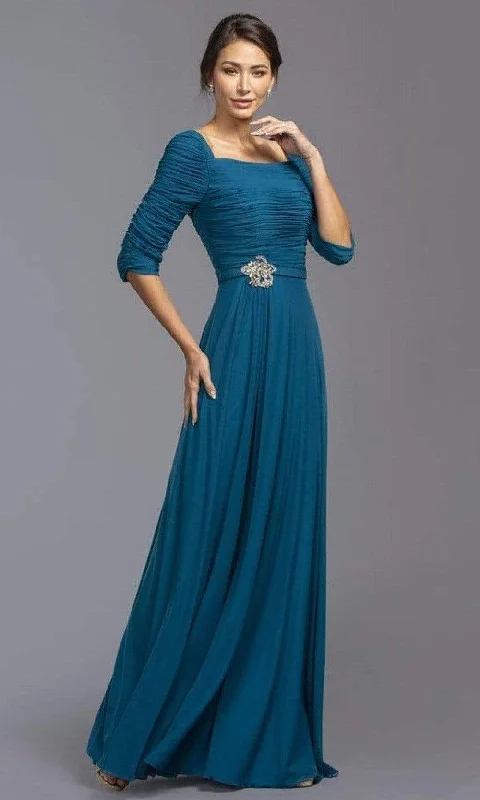 Satin wedding guest dresses with side slits for a sexy touchAspeed Design - M2195 Shirred Brooch Accented Chiffon Dress
